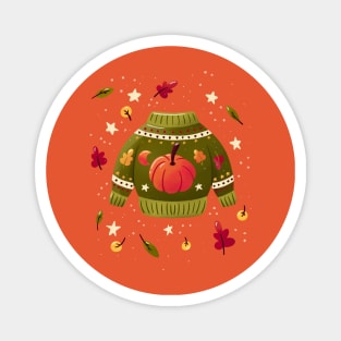 Christmas holiday sweater with cute pumpkin and leaves. Colorful winter festive illustration. 02 Magnet